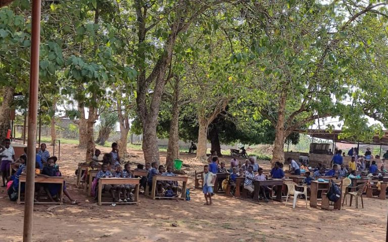 Ho Presby School Pupils sheltered under trees after rainstorm destroyed classroom block